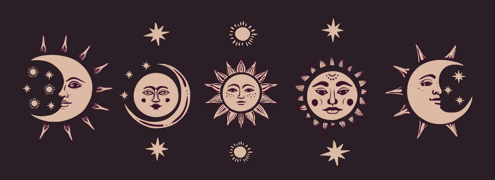Sol, halvmåne, måne ansikten isolerat på en mörk bakgrund. vektor boho illustration.