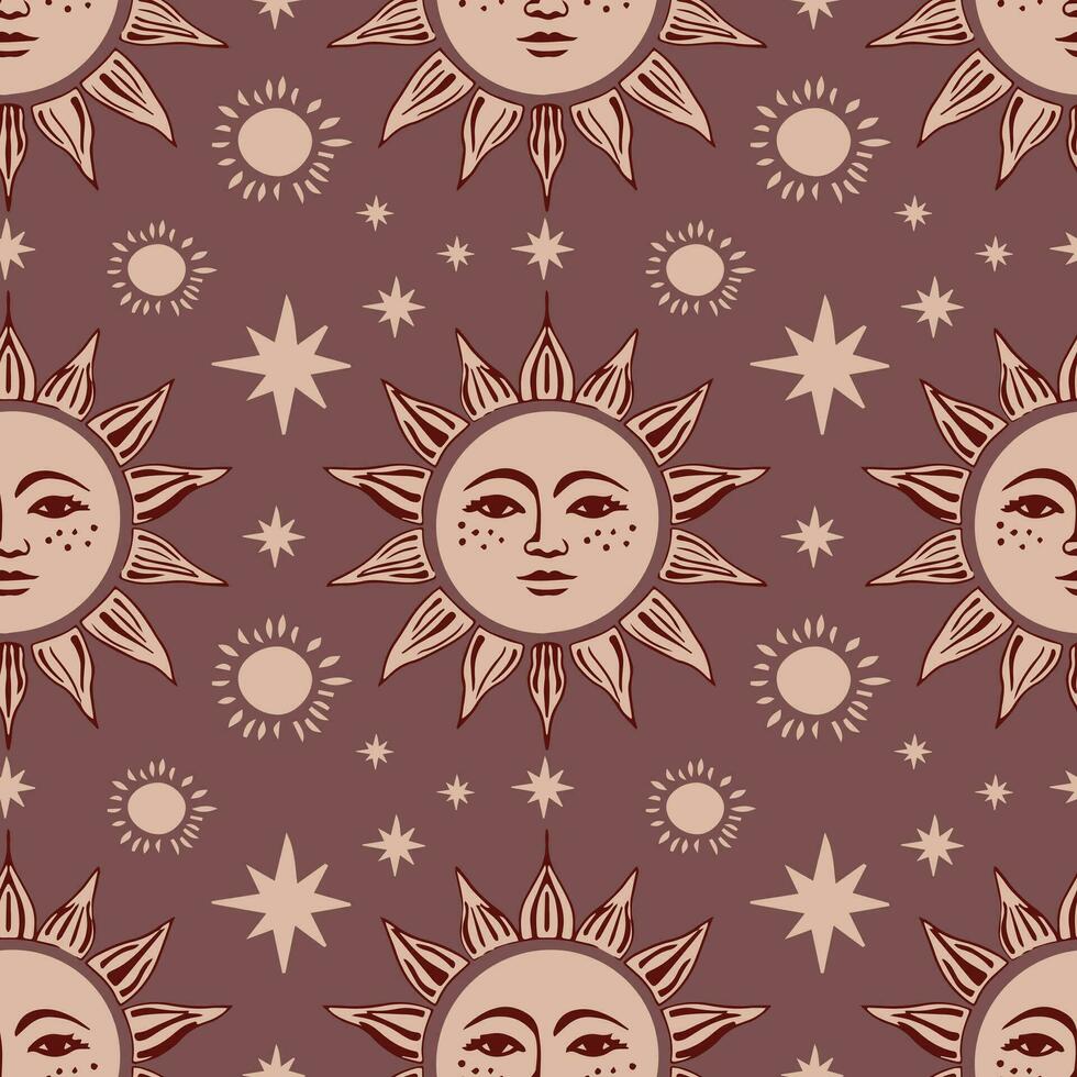 Sol med ansikte och stjärnor sömlös pattern.vector boho prydnad. vektor