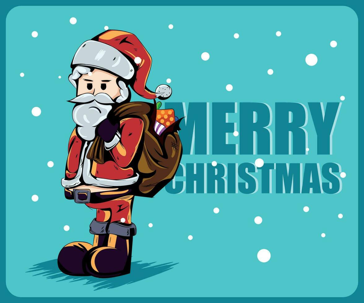 unordentlich Santa claus mit ernst und gelangweilt sehen, gebrochen Geschenk Tasche, Vektor Illustration mit Text fröhlich Weihnachten