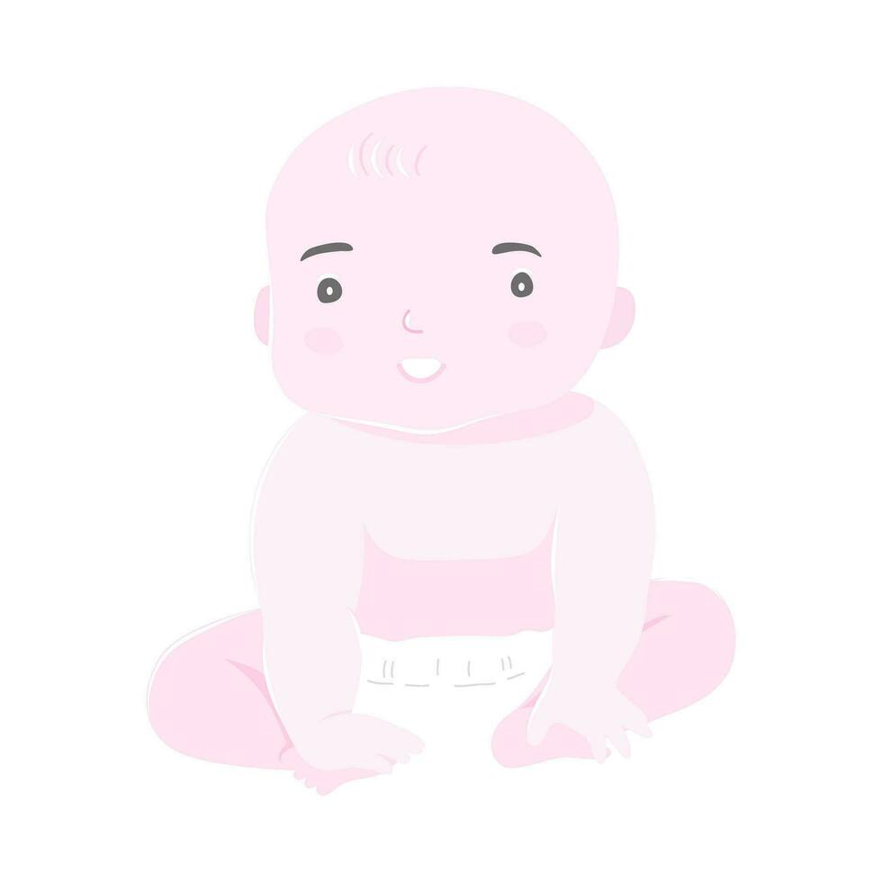 isoliert von ein glücklich Baby Kind tragen Windel Sitzung und lächelnd, eben Vektor Illustration.