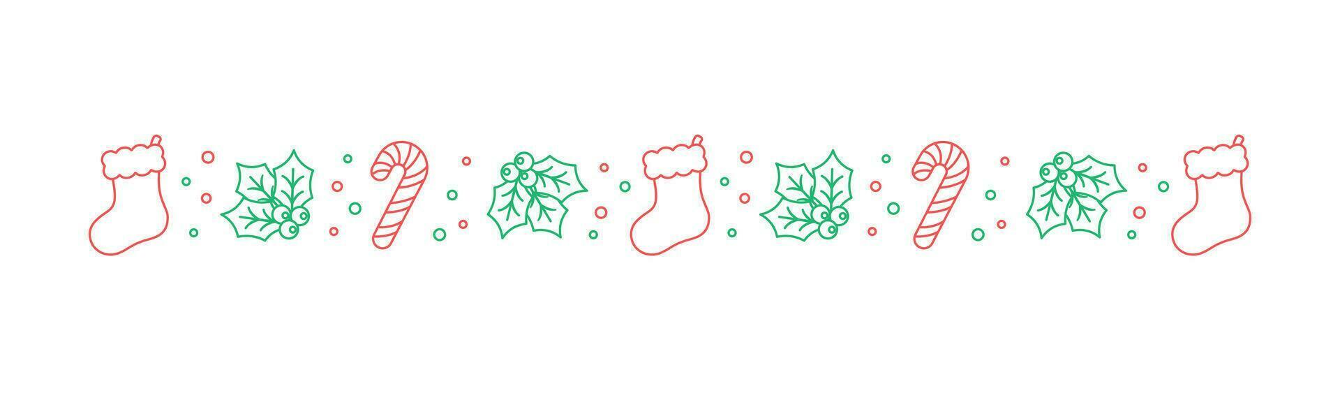 jul tema dekorativ gräns och text delare, jul strumpa, godis sockerrör och mistel mönster klotter. vektor illustration.