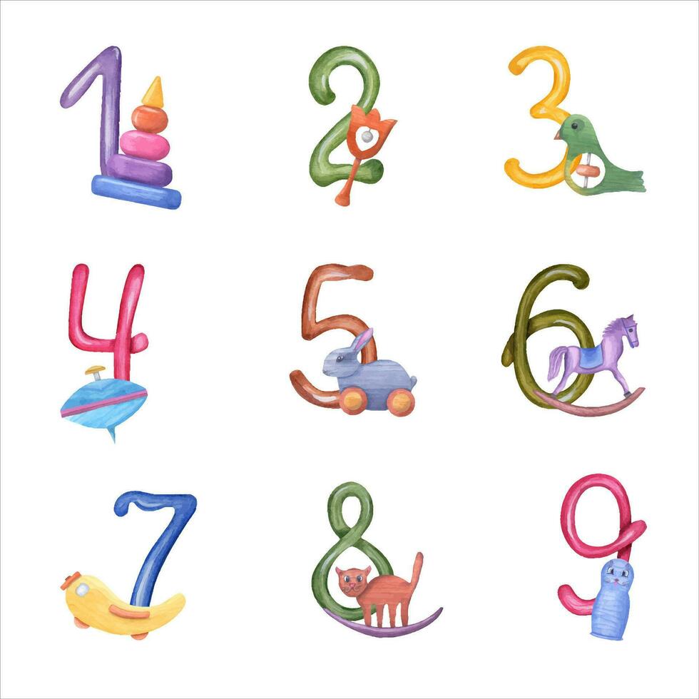vattenfärg illustration av tal från 1 till 9 med unge trä leksaker. Flerfärgad element för fest vektor