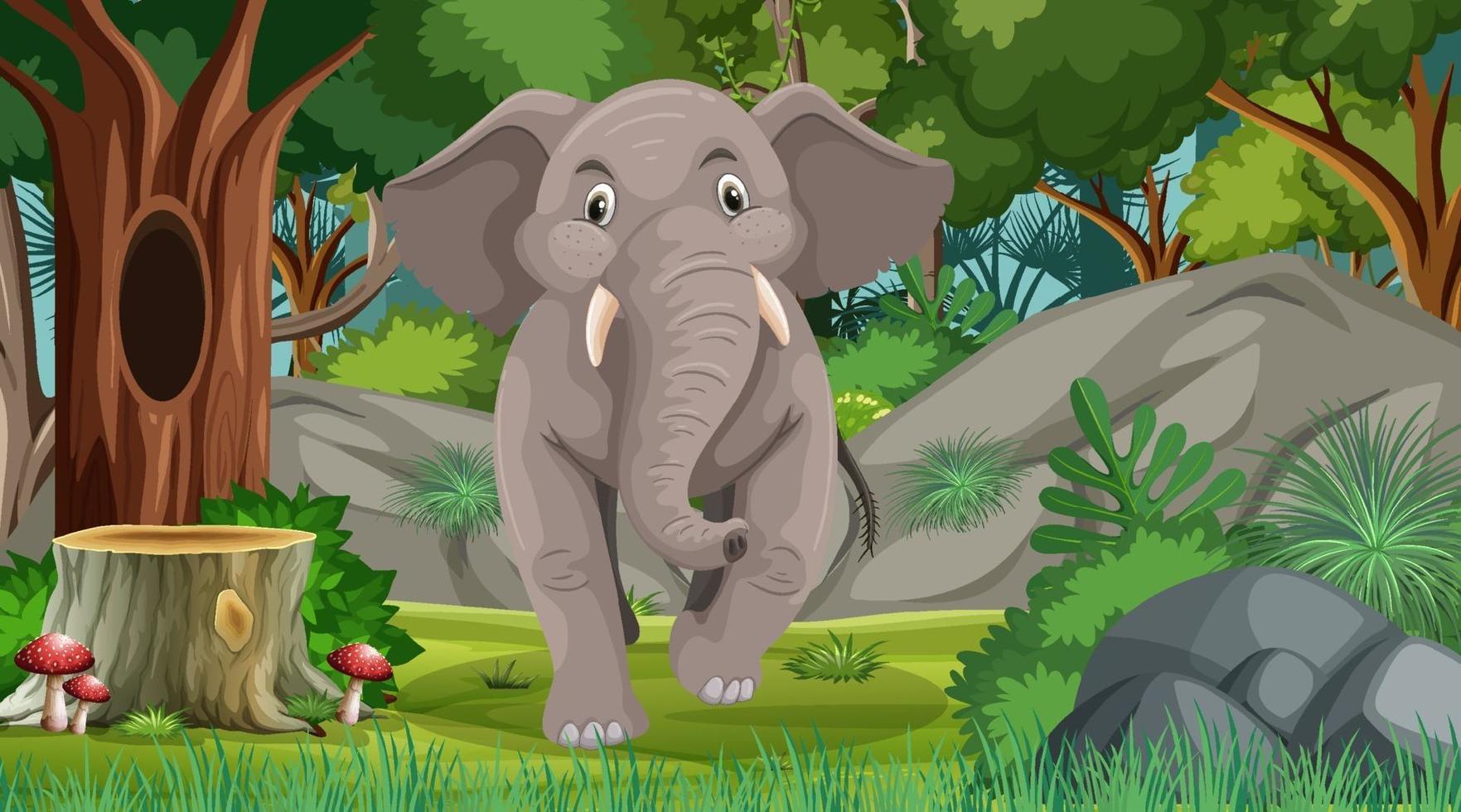 elefant i skog eller regnskog med många träd vektor