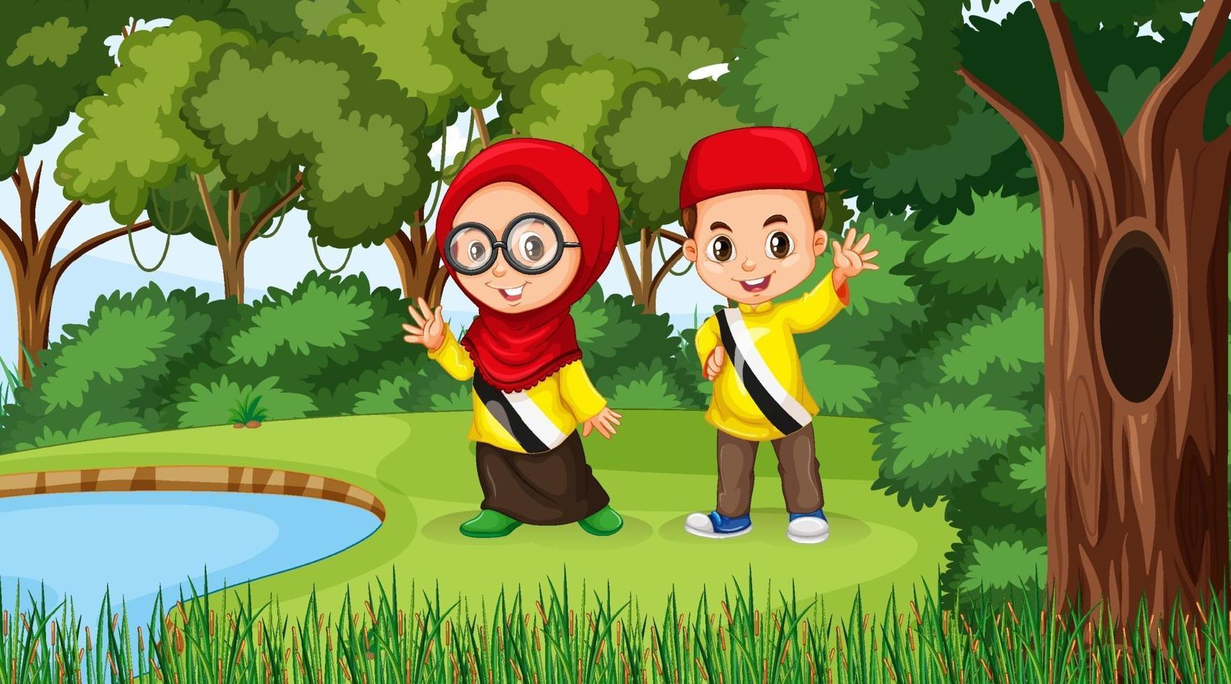 Brunei Kids trägt traditionelle Kleidung in der Waldszene vektor