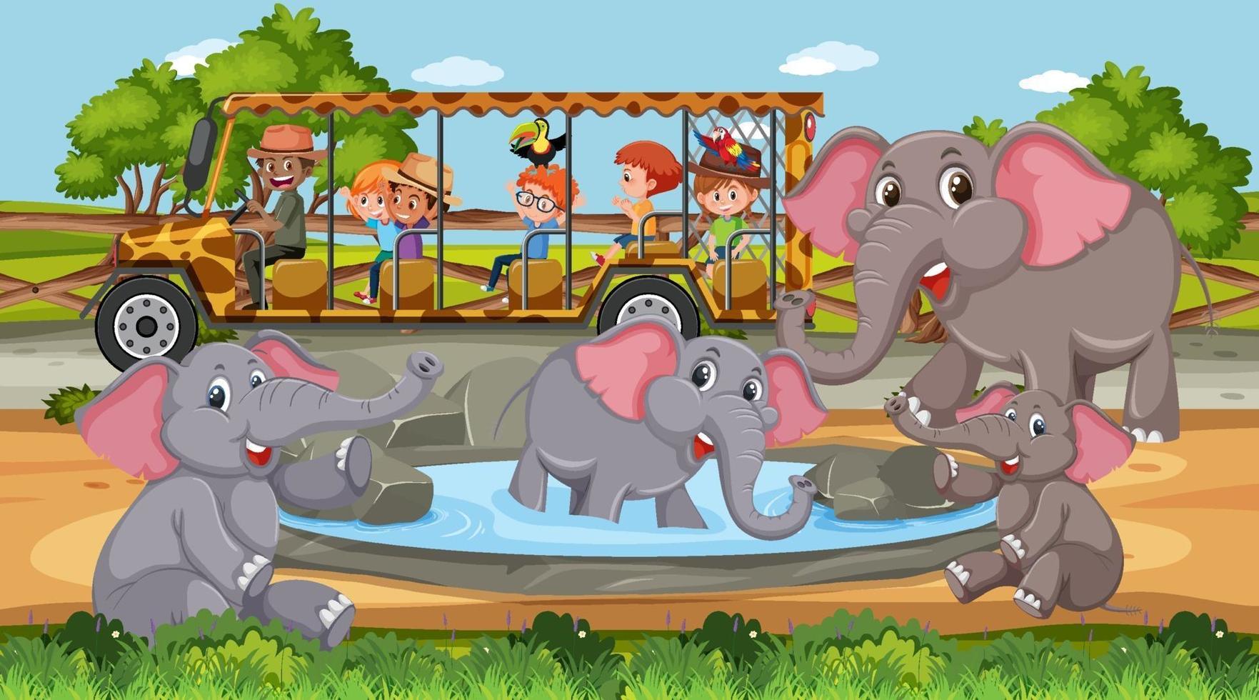 Safari-Szene mit Kindern auf Touristenauto, das Elefantengruppe beobachtet vektor