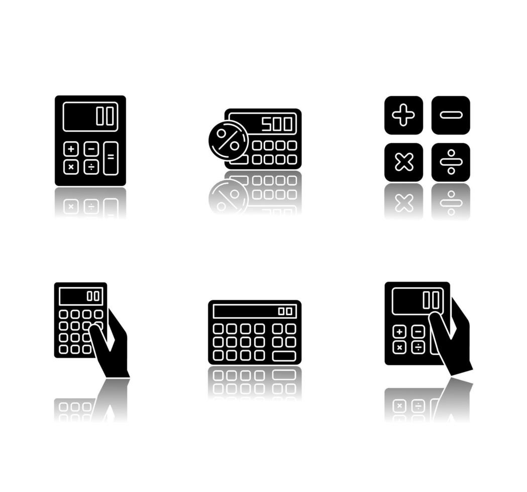 Taschenrechner Schlagschatten schwarze Glyphe Icons Set vektor