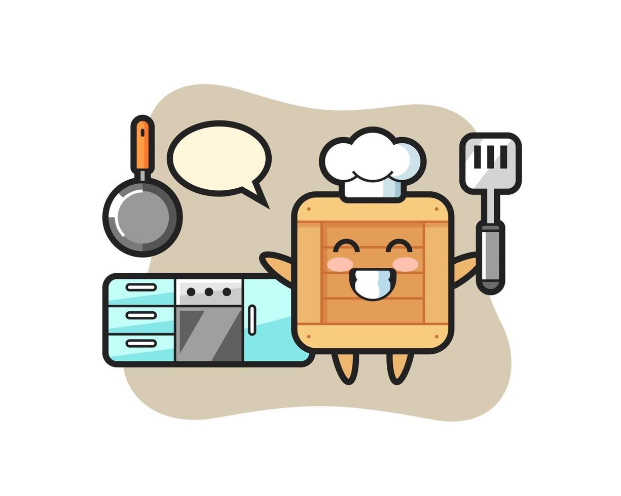 Holzkiste-Charakterillustration, während ein Koch kocht vektor