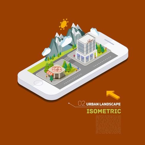 Infographic isometrisches Konzept 3d der flachen Landschaftsstraße am Telefon vektor