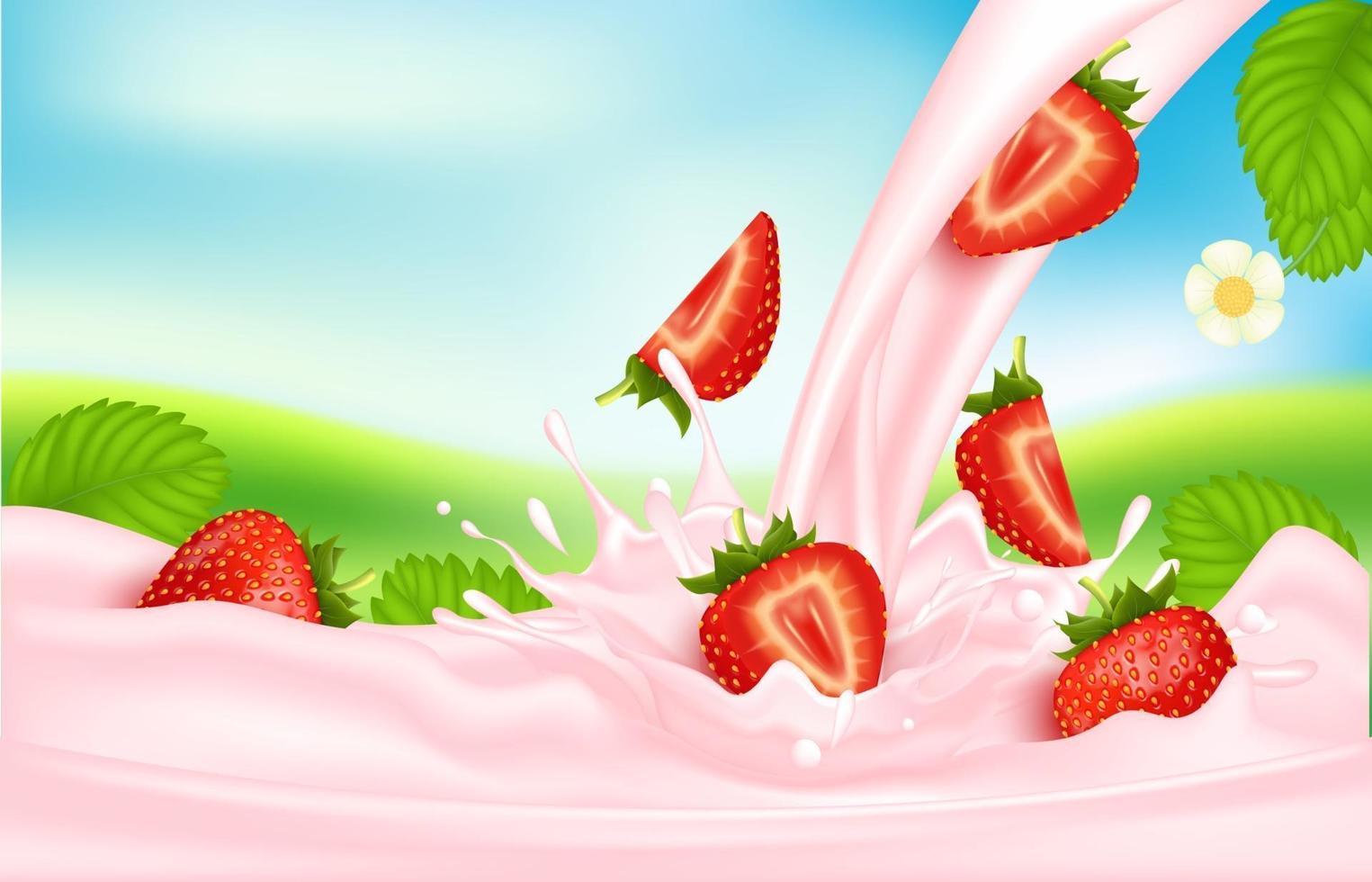 jordgubbs söt rosa mjölk med stänk realistiska, frukt och yoghurt. vektor