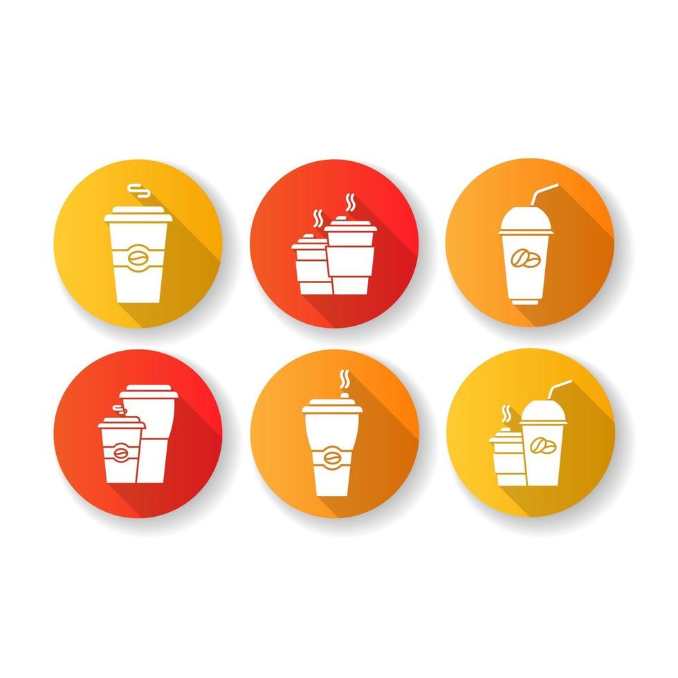 Kaffee zum Mitnehmen flaches Design lange Schatten Glyphe Icons Set vektor