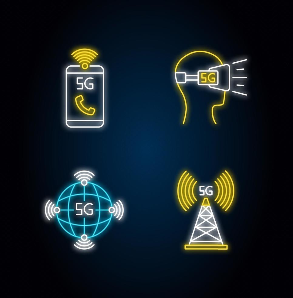 5g drahtlose Technologie Neonlichtsymbole gesetzt vektor