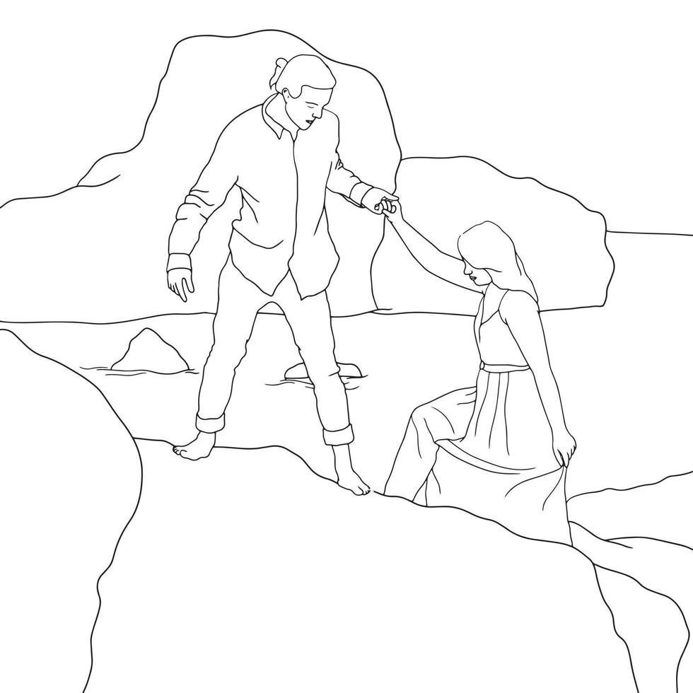 Malvorlagen-flache Illustration von Männern, die Frauen beim Klettern von Steinen helfen. vektor