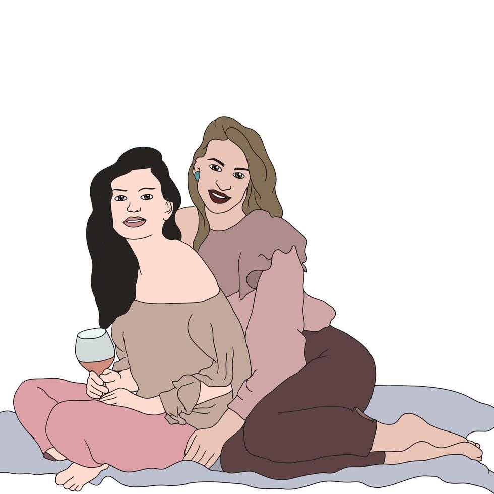 Zwei Mädchen, die auf dem Teppich sitzen, glückliche Mädchen, flache Illustrationsleute vektor