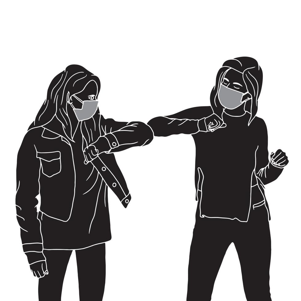 Freunde Ellenbogen berühren Freunde in Maskensilhouette auf weißem Hintergrund, vektor