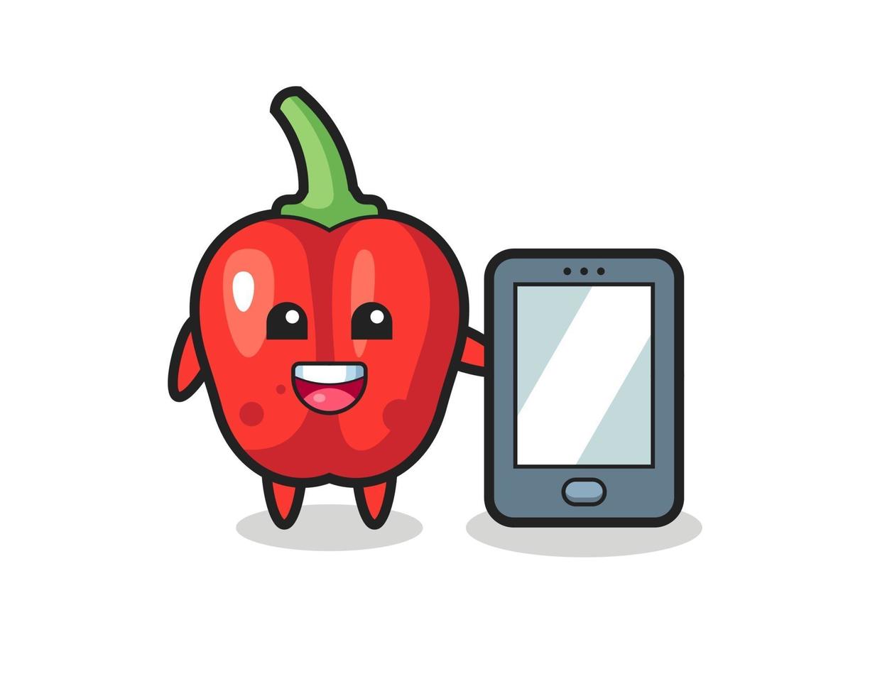 rote Paprika-Illustrationskarikatur, die ein Smartphone hält vektor