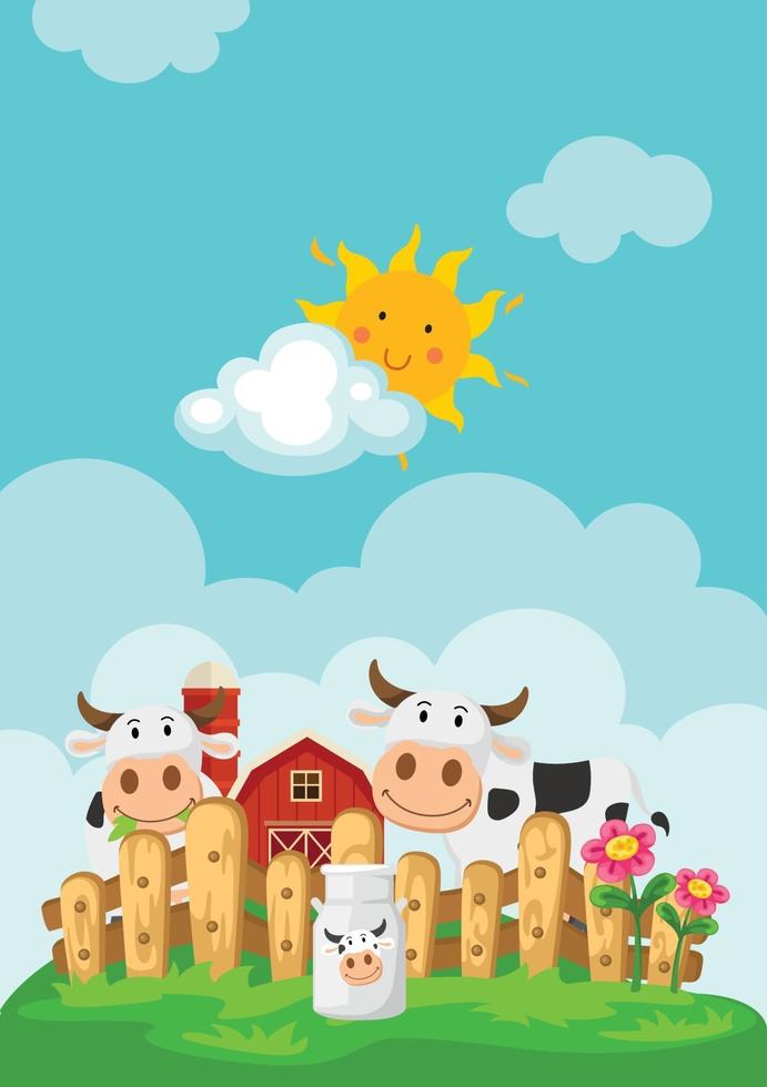 illustration av landskap med kor och gårdsbakgrund vektor