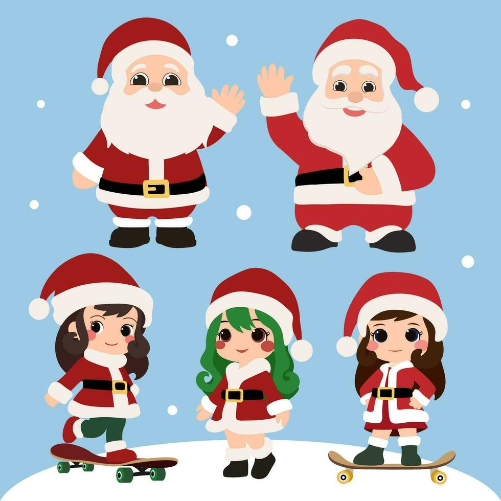 ein einstellen von Weihnachten Figuren, einschließlich Santa claus und ein Santa Mädchen spielen Skateboard fahren. vektor