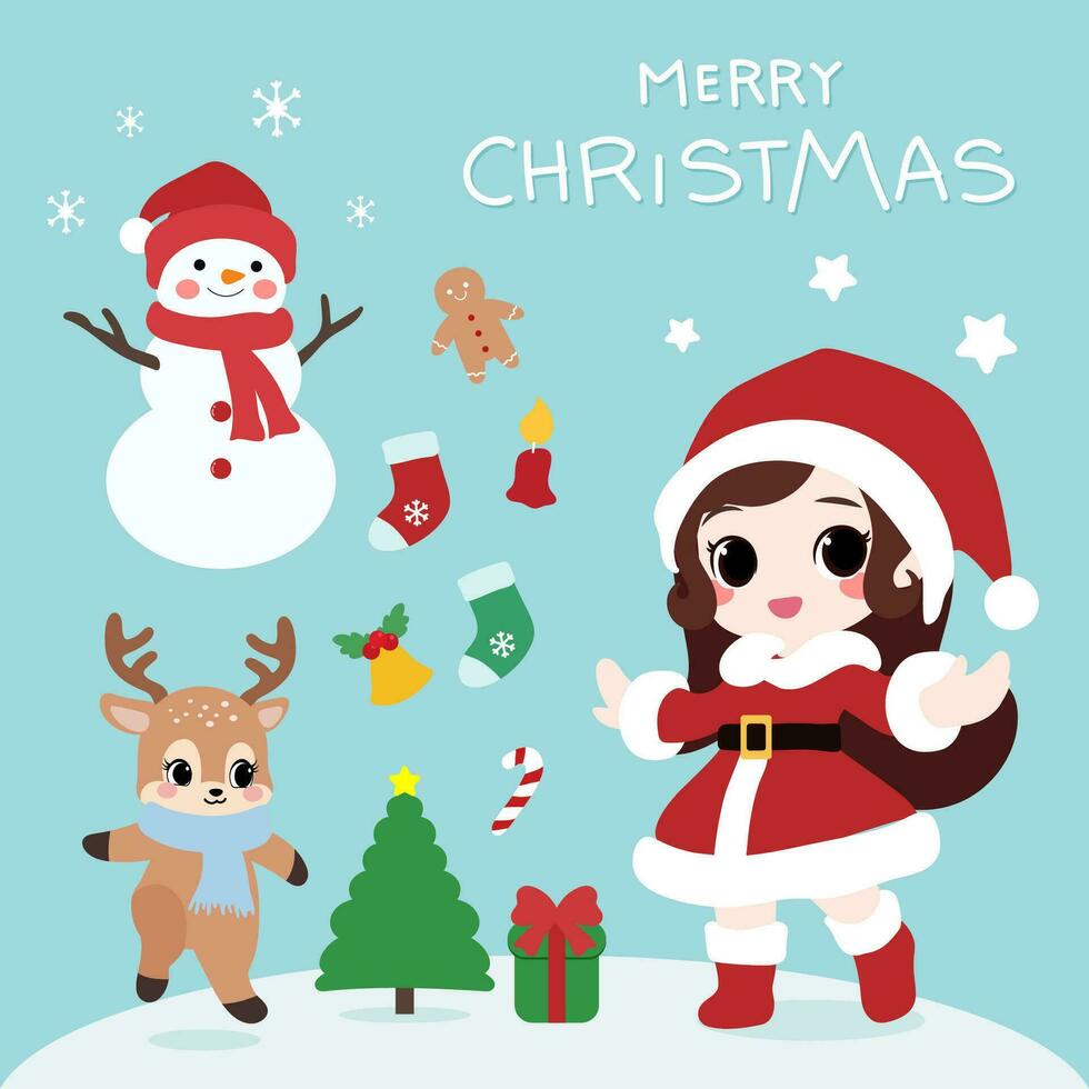 ein einstellen von Weihnachten Figuren, einschließlich ein Santa Mädchen, ein Schneemann, ein Rentier, ein Weihnachten Baum, und ein Geschenk Kasten. vektor