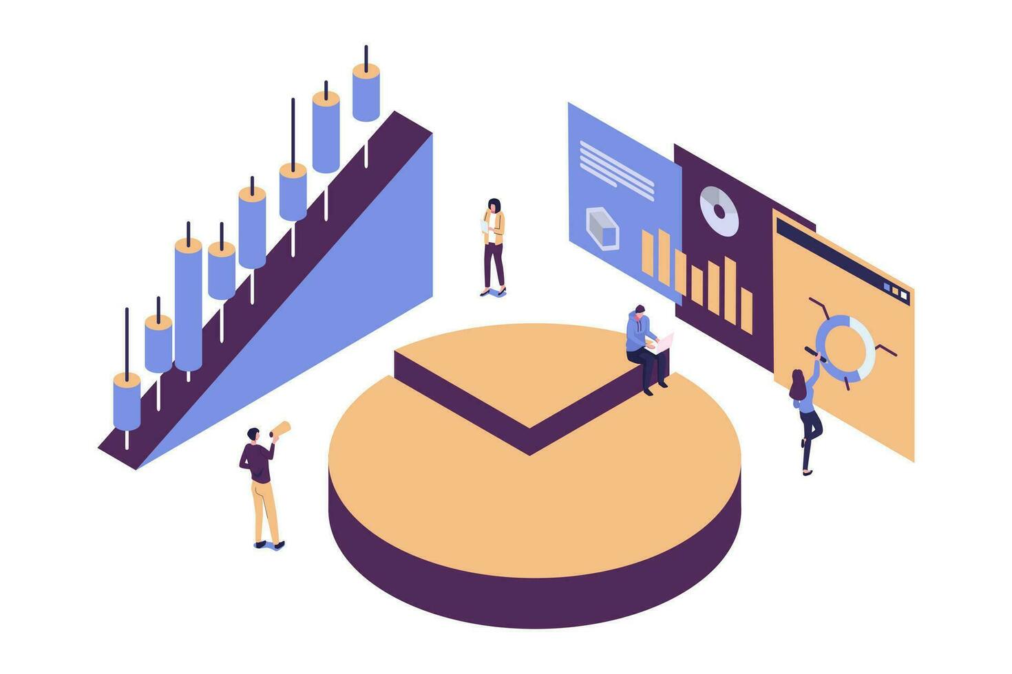 Konzept von finanziell Management, Statistiken und Geschäft Bericht, wenig Menschen wie Rätsel sammeln Infografiken vektor