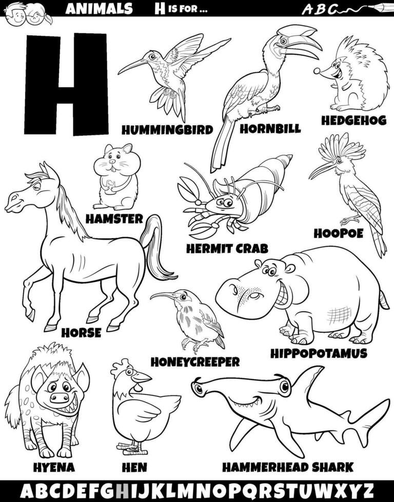 tecknad serie djur- tecken för brev h uppsättning färg sida vektor