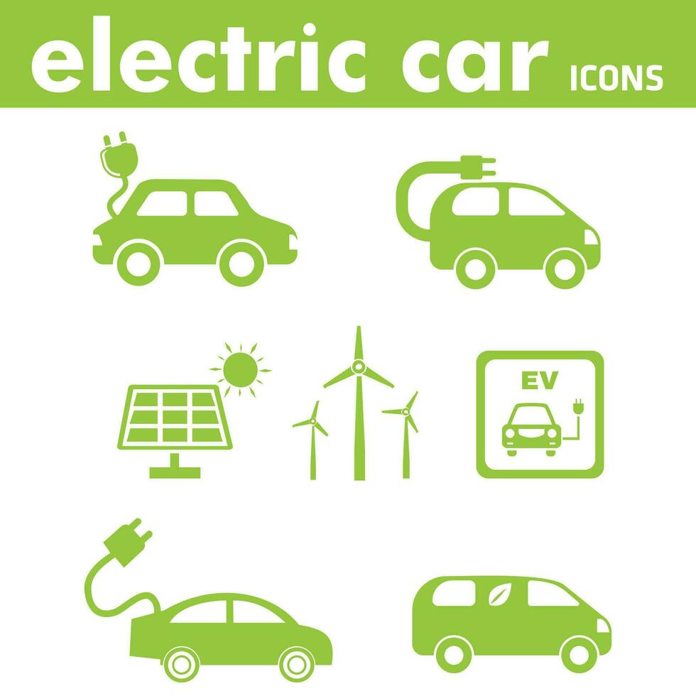 elektrisch Wagen. verschiedene Arten von elektrisch Autos mit Laden Kabel. Solar- Tafeln, Wind Turbinen. innovativ Technologien und Alternative Energie Konzepte vektor