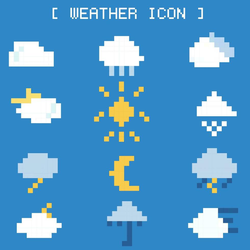 Wetter Linie Symbole Pixel Kunst Satz. Sonne, Regen, Donner Sturm, Tau, Wind, Schnee Wolken, Blau Himmel minimal Vektor Illustration. einfach eben Gliederung Zeichen zum Netz, Prognose Anwendungen. 8 Bits.