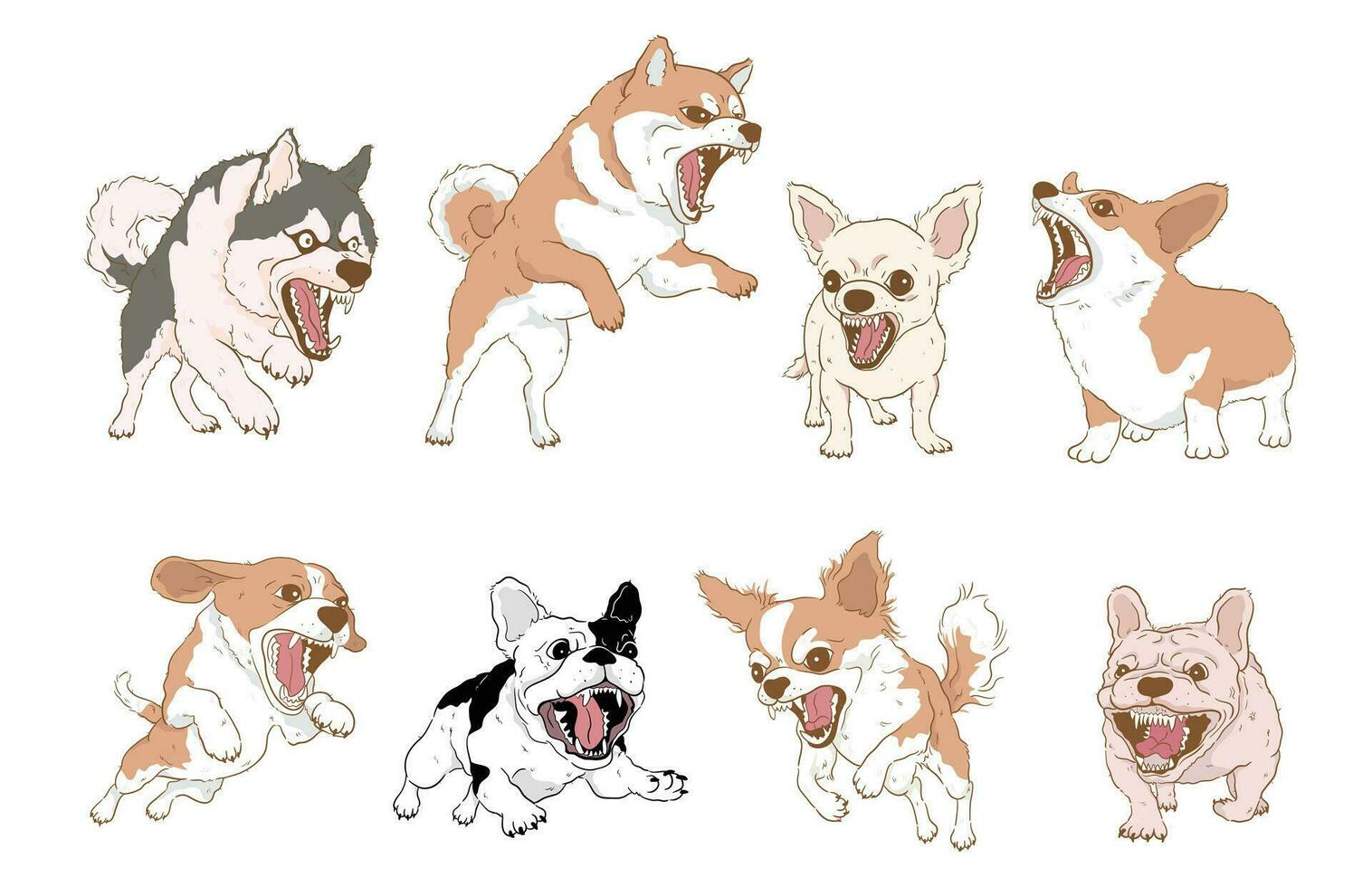 tecknad serie arg galen hund skällande uppsättning ,isolerat på vit bakgrund. vektor