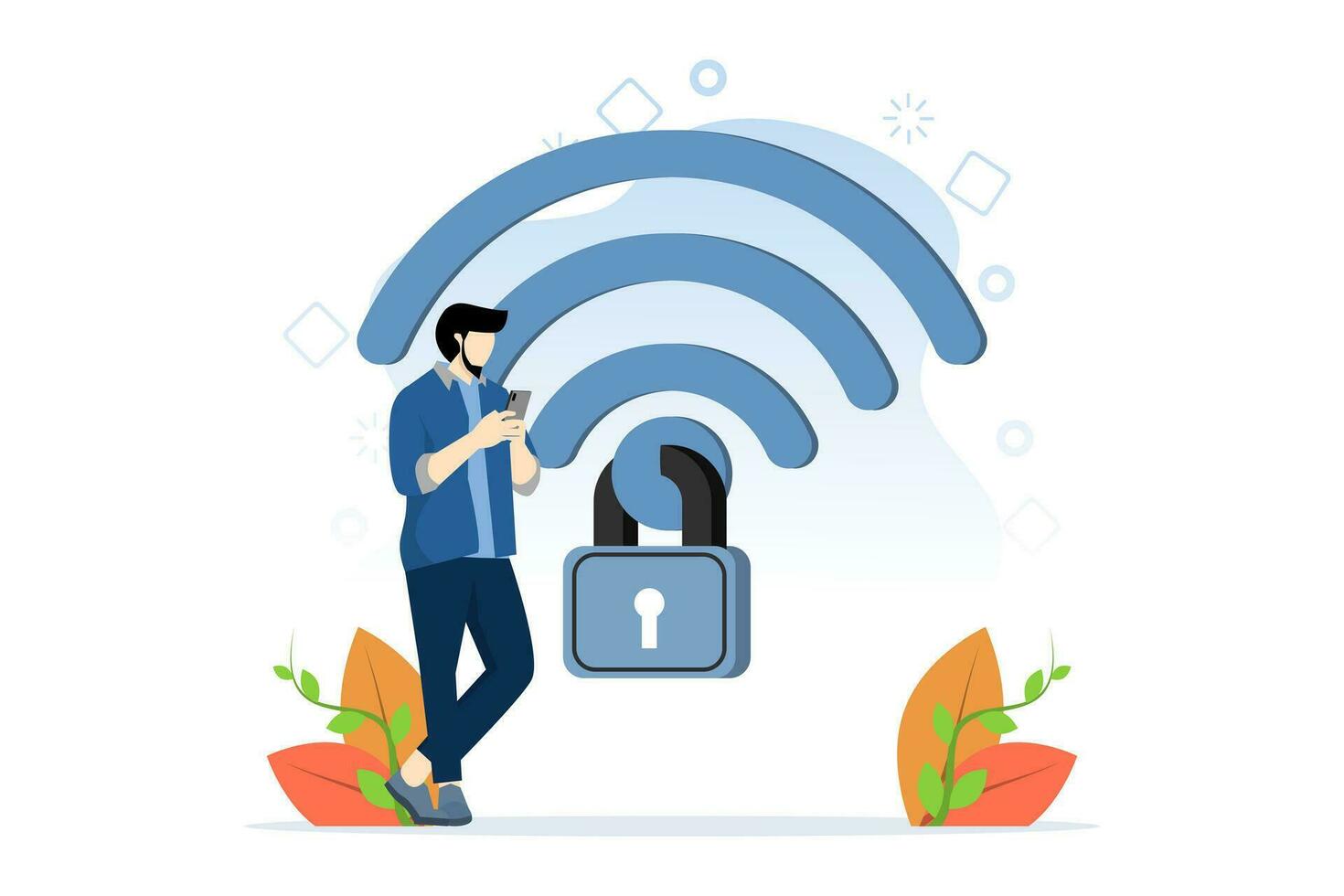 wiFi kryptering begrepp, trådlös säkerhet eller säkerhet för internet förbindelse, nätverk skydd eller mobil tillgång, Lösenord kryptering, mobil telefon användare ansluten till wiFi med hänglås kryptering. vektor