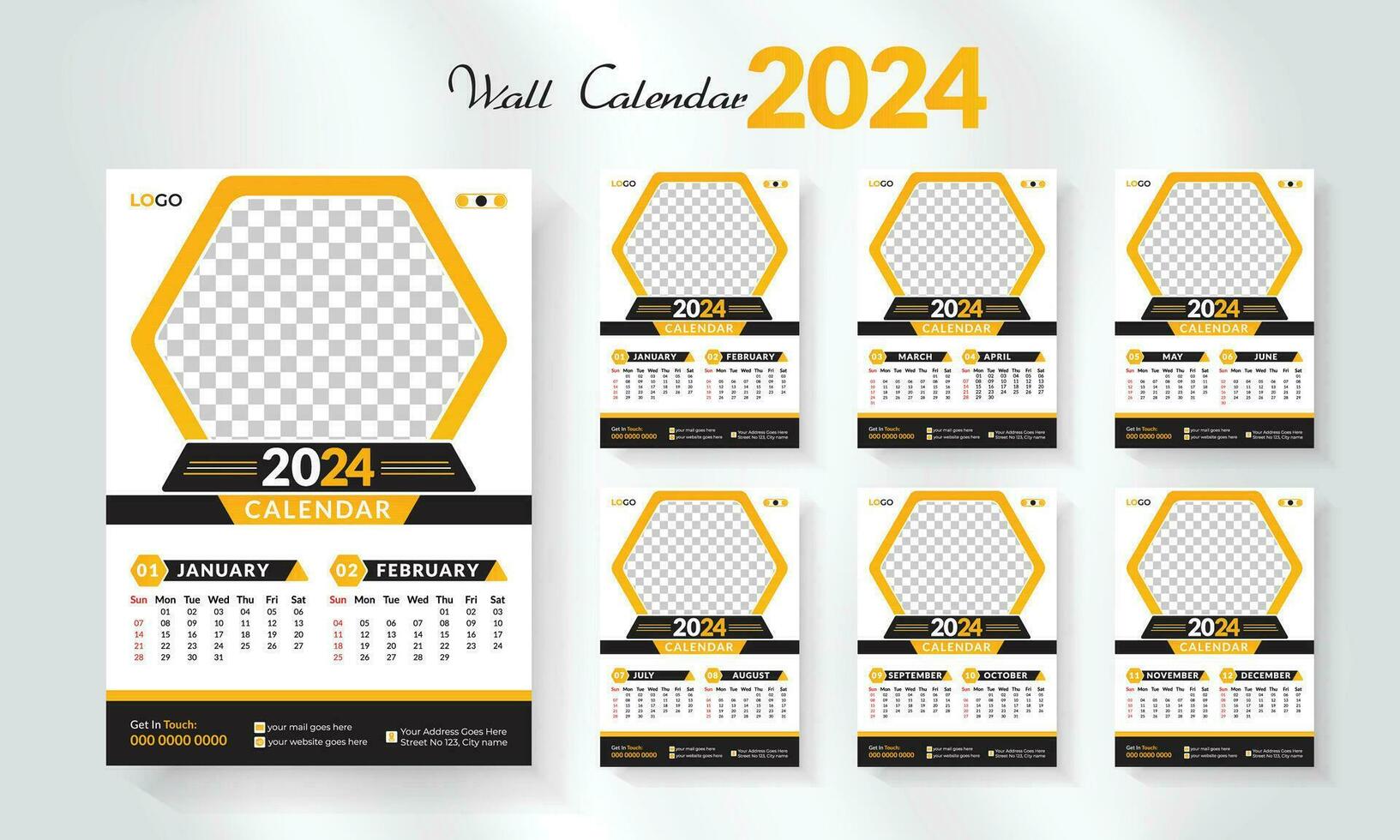 2024 Lycklig ny år kalender mall uppsättning. modern och kreativ layout vägg kalender uppsättning av 12 månad mall. minimalistisk mall eller kalander a4 layout design. vecka Start på söndag. vektor