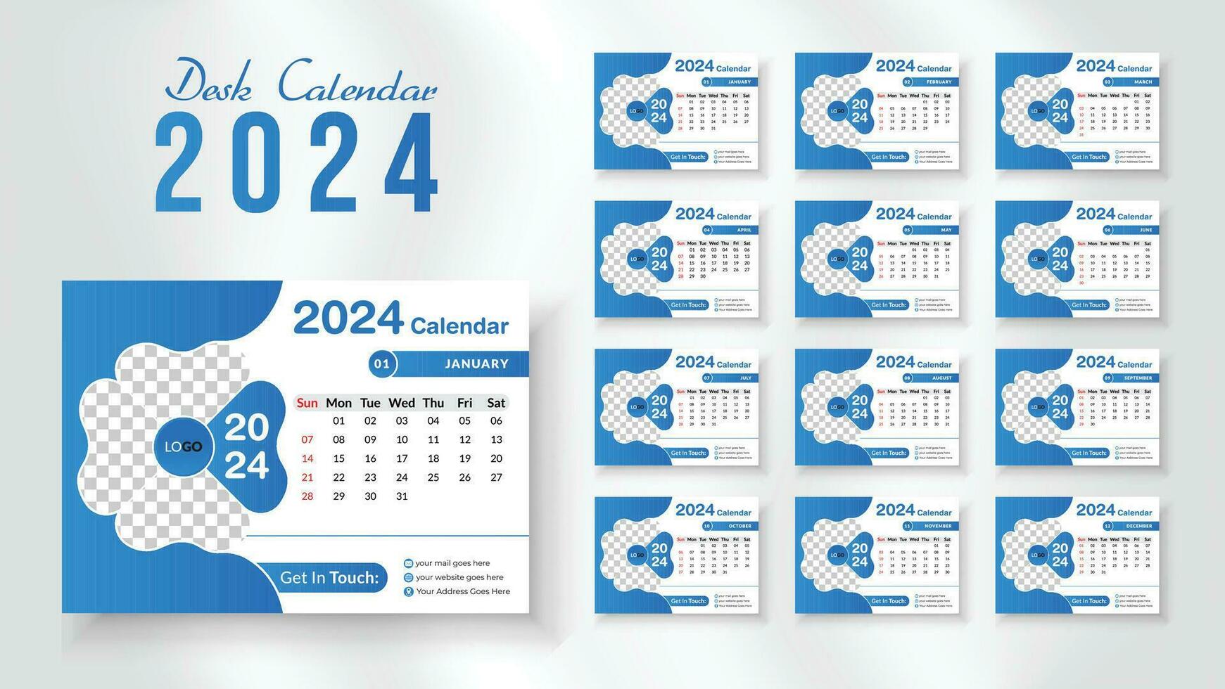 2024 ny år skrivbord kalender design mall, modern och nipque layout skrivbord kalender uppsättning av 12 månad. vecka börjar på söndag. vektor