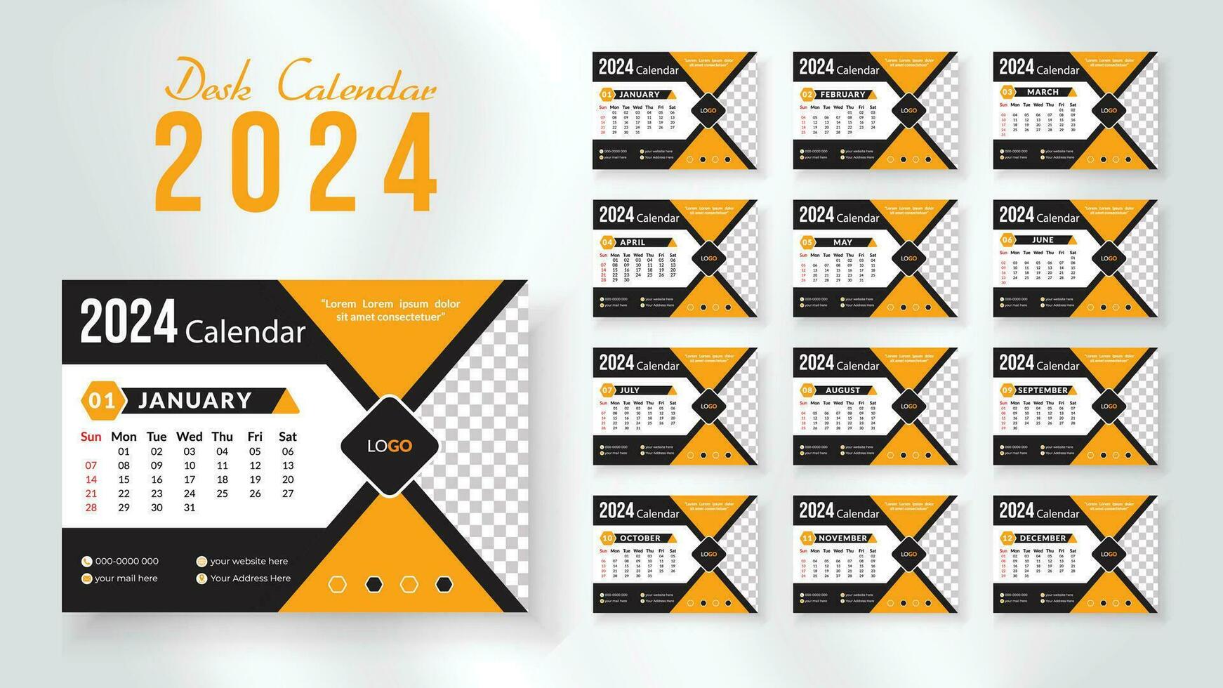 2024 ny år skrivbord kalender design mall, modern och nipque layout skrivbord kalender uppsättning av 12 månad. vecka börjar på söndag. vektor