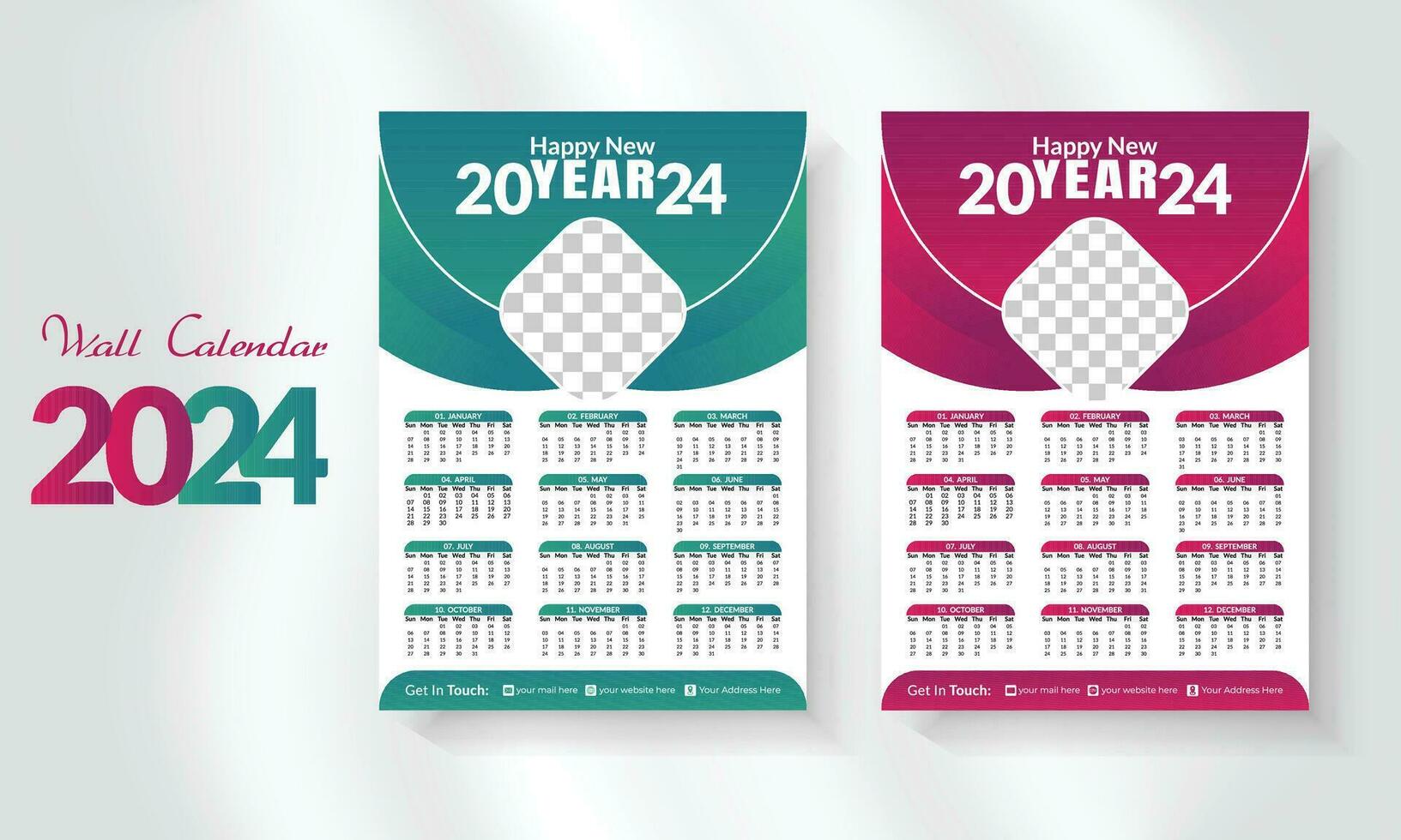 2024 Lycklig ny år kalender mall uppsättning. modern och kreativ layout vägg kalender uppsättning av 12 månad mall. minimalistisk mall eller kalander a4 layout design. vecka Start på söndag. vektor