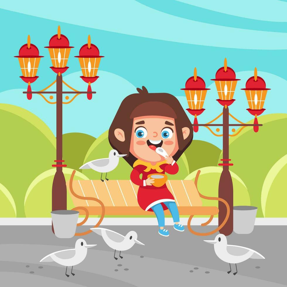 vektor illustration av en flicka och seagulls på en bänk i en söt tecknad serie stil.