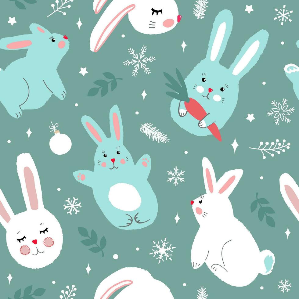 jul sömlös mönster av söt kaniner och snöflingor. modern enkel platt vektor illustration.