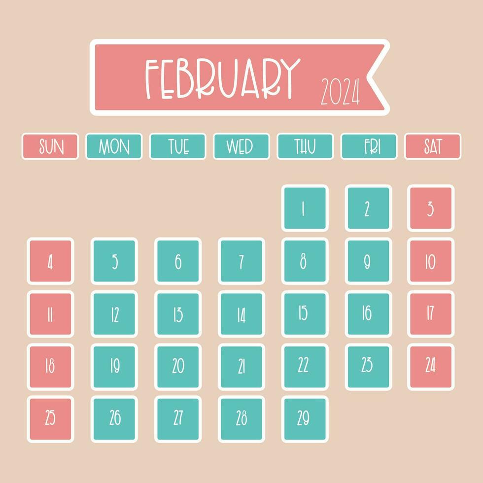 februari 2024 en gång i månaden kalender design med tunn font var vecka börjar från söndag vektor