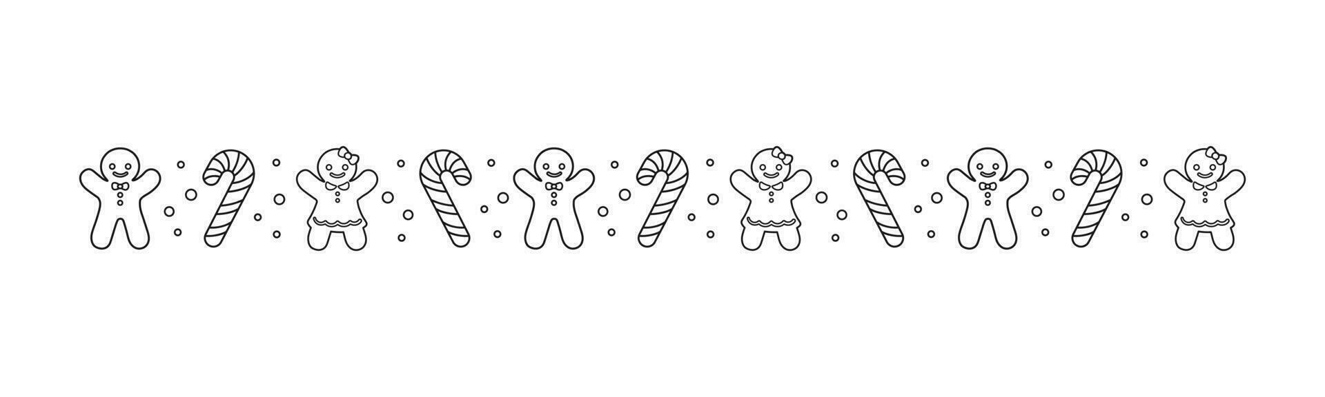 jul tema dekorativ gräns och text delare, pepparkaka småkakor och godis sockerrör mönster översikt klotter. vektor illustration.