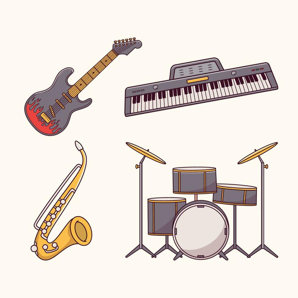 musikalisk instrument, band musik instrument, gitarr, piano, tangentbord, trumma, saxofon, musikalisk instrument illustration vektor