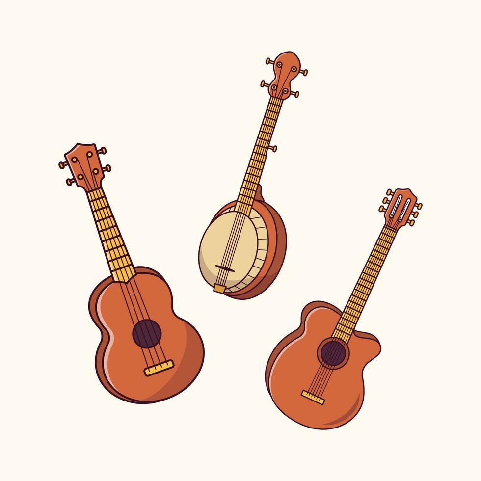 sträng musikalisk instrument, banjo, gitarr samling illustration vektor