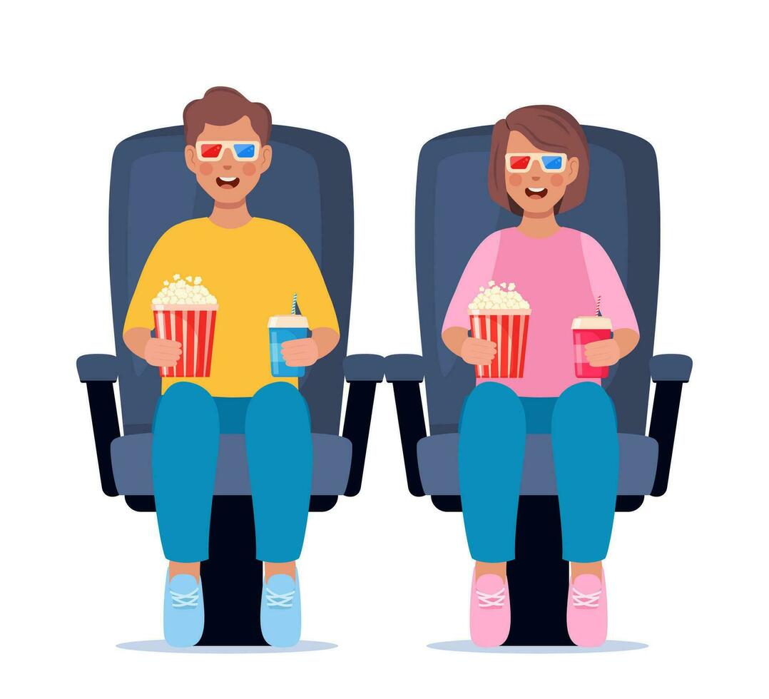 Kinder Aufpassen Film mit 3d Brille. Limonade und Popcorn im Kinder Hände. Kino Theater Unterhaltung zum Kinder. Vektor Illustration.