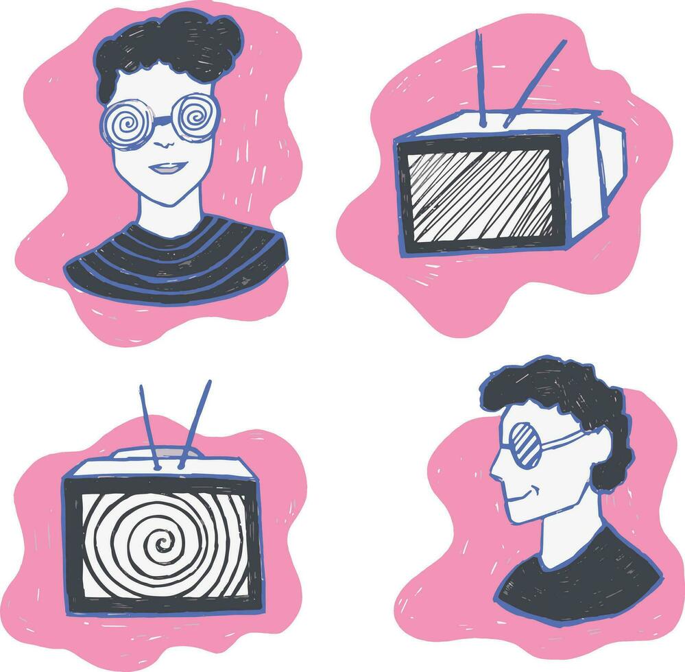 ritad för hand klistermärken med en TV och en man med glasögon isolerat på en vit bakgrund vektor