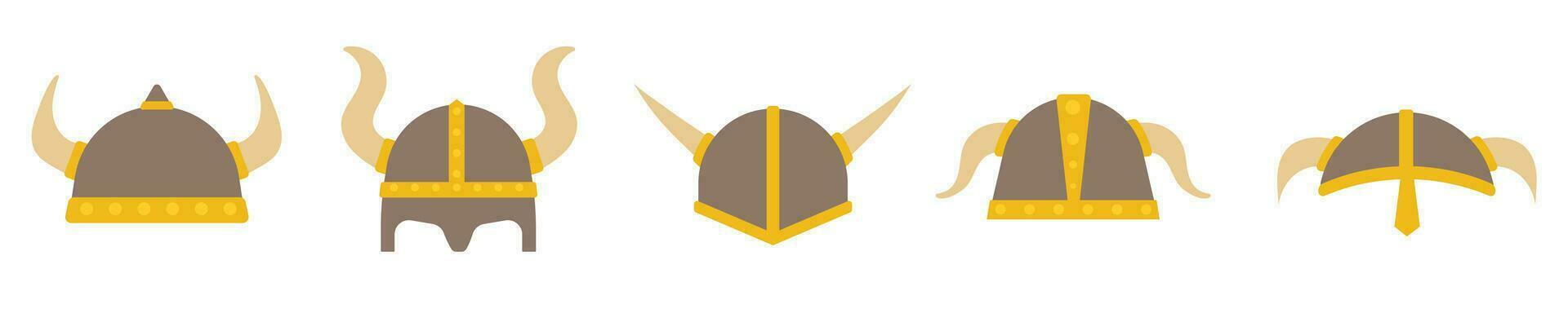 Barbar mittelalterlich Helme mit Hörner. Wikinger schützend Kopfschmuck von mittelalterlich Nordländer Krieger zum Rolle spielen und Kampf Vektor Design