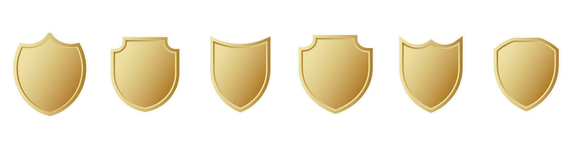 gyllene tom skydda uppsättning ikon. lyx metall symbol av säkerhet och pålitlighet för årgång heraldik och vektor logotyp