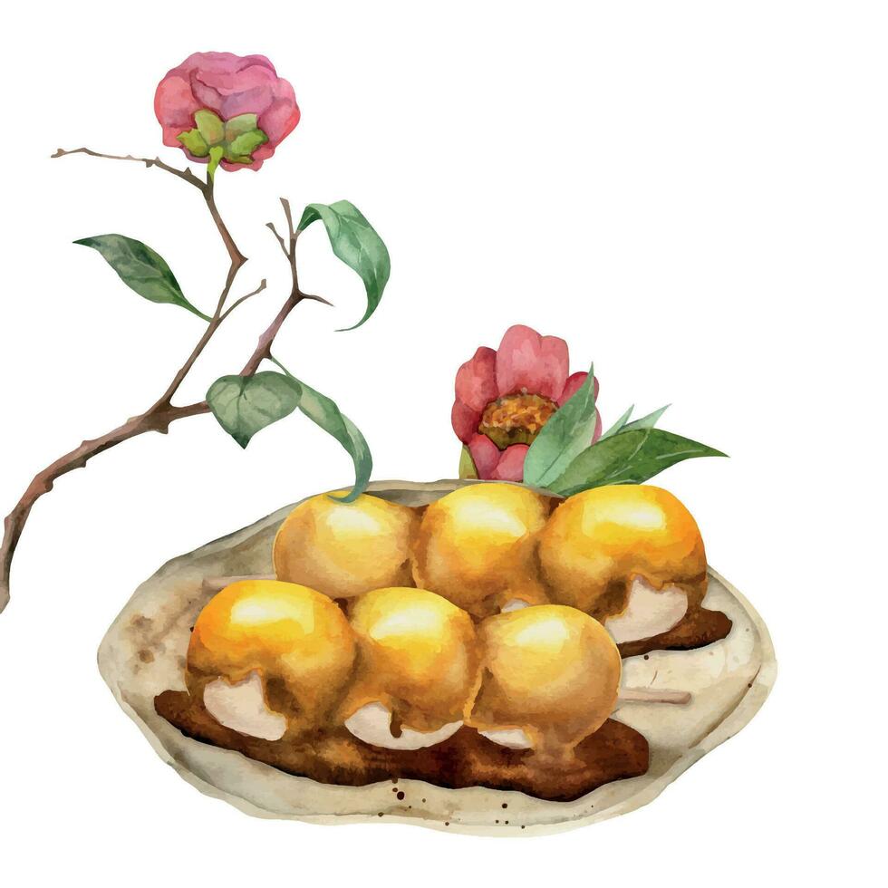 vattenfärg hand dragen traditionell japansk sötsaker. keramisk maträtt, mitarashi dango, kamelia blomma. isolerat på vit bakgrund. design för inbjudningar, restaurang meny, hälsning kort, skriva ut, textil- vektor