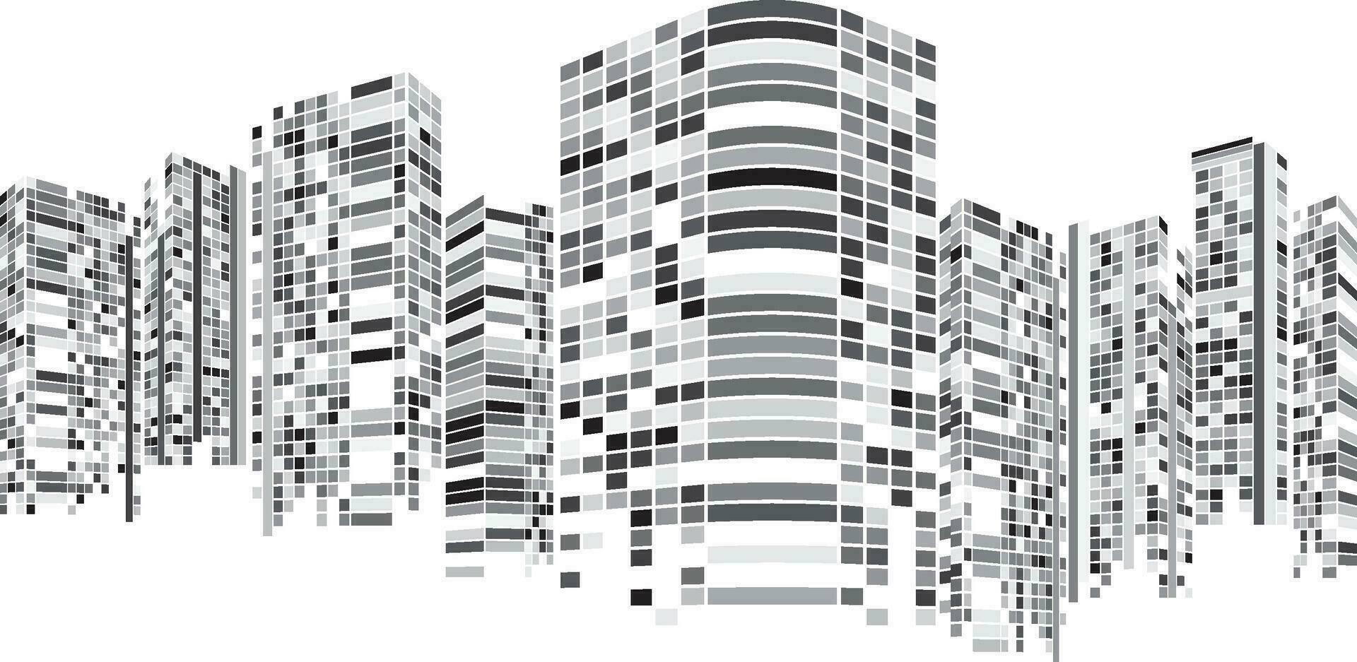 stadsbild, byggnad perspektiv, modern byggnad i de stad horisont, stad silhuett, stad skyskrapor, företag Centrum, illustration i platt design. vektor