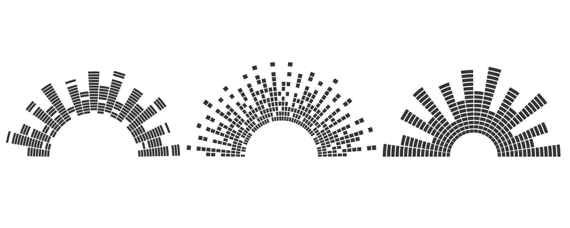 halvcirkel ljud Vinka. audio musik utjämnare. runda cirkulär ikoner uppsättning. spektrum radiell mönster och frekvens ram. vektor design