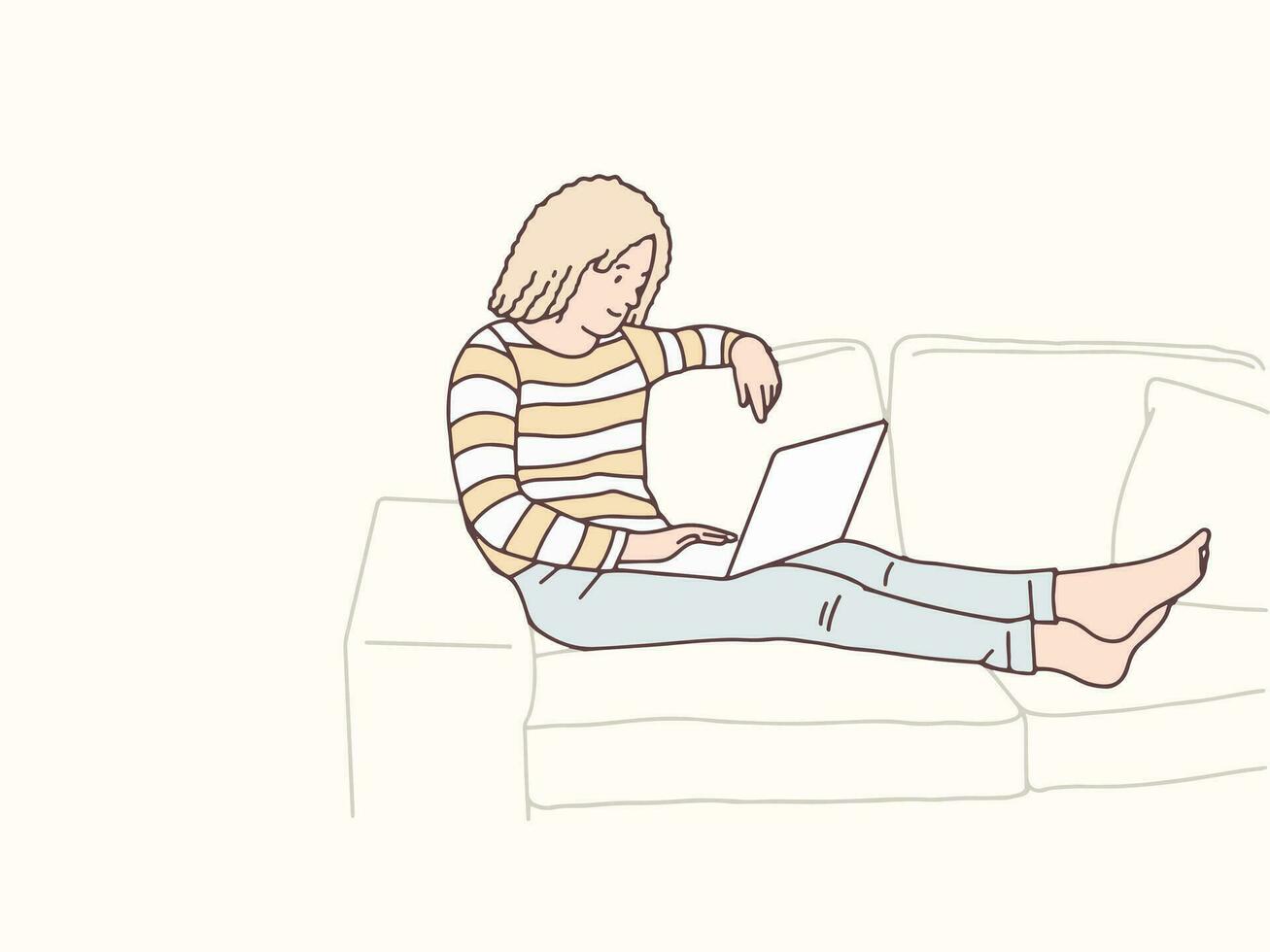 lockigt kvinna liggande med bärbar dator på de soffa enkel koreanska stil illustration vektor