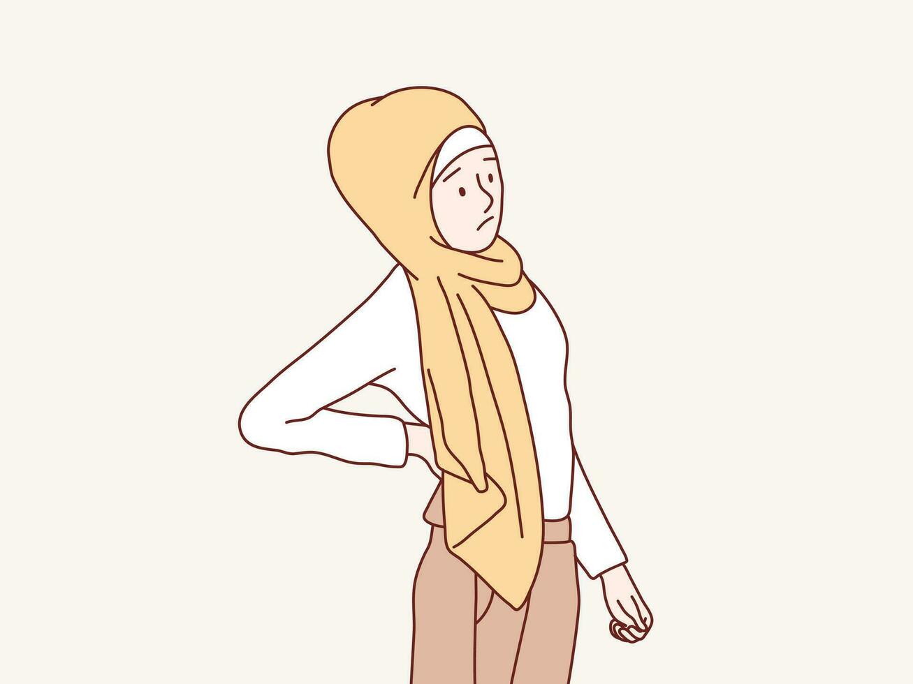 Stehen Muslim Hijab Frau weiblich Hände berühren zurück Schmerzen Rückenschmerzen einfach Koreanisch Stil Illustration vektor
