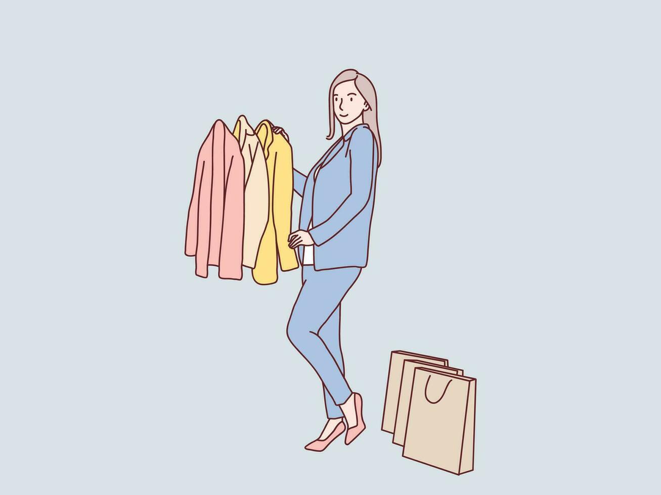 kvinna shopaholic njuter handla plockning utrusta enkel koreanska stil illustration vektor