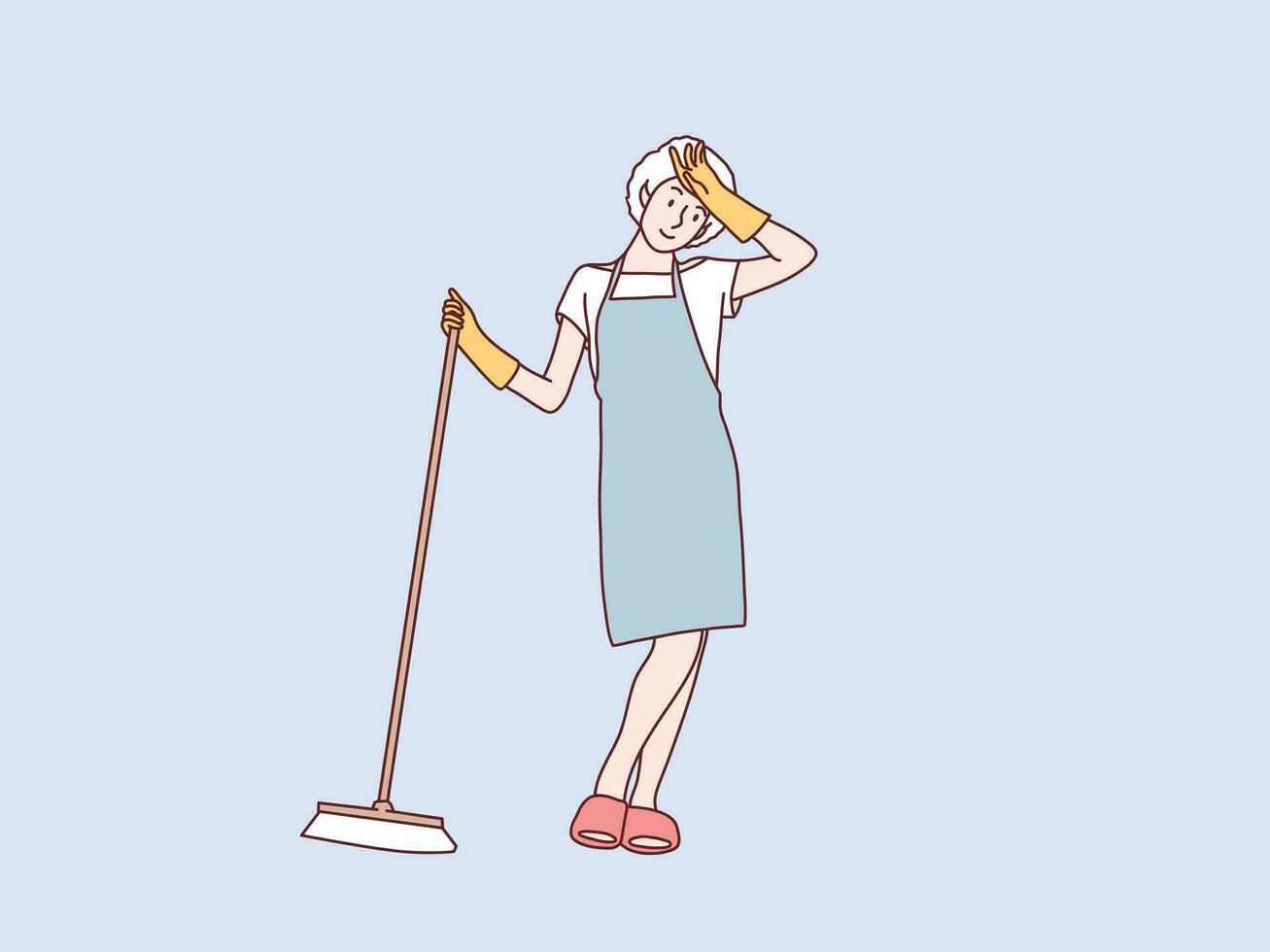 trött och utmattad kvinna med förkläde och handskar rengöring moping golv enkel koreanska stil illustration vektor
