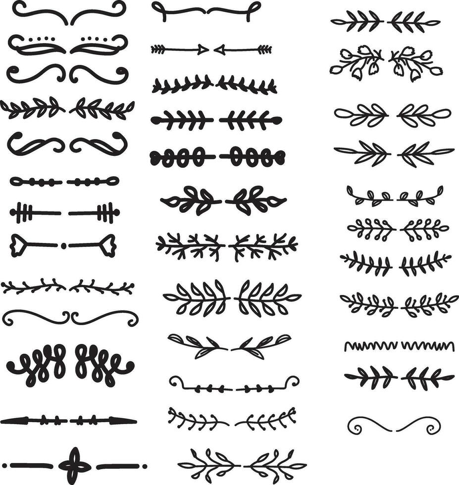 hand dragen prydnad delare samling, hand dragen ClipArt, gränser ClipArt design element, klotter avdelare, hand dragen linje gränser, blad design, årgång ornament, dekoration element vektor